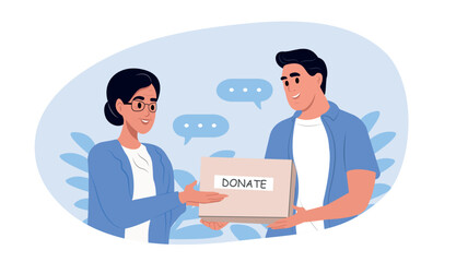 International Volunteer Day. Volunteer hands over a box to an elderly woman at a social assistance center. Humanitarian aid and social support for the elder.