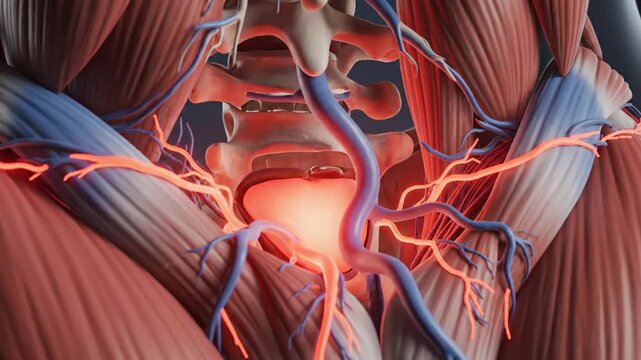 Detailed 3D animation of the human pelvic region highlighting pain and inflammation in the lower back and hip area.
