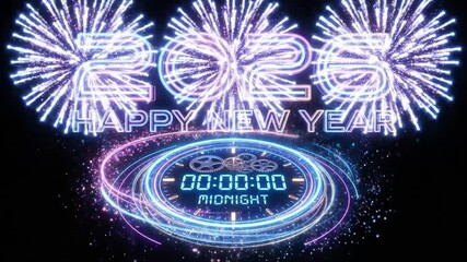 Neon 2026 with happy new year glowing above a futuristic digital clock counting down to midnight, surrounded by swirling light trails and sparkling particles on black background - Powered by Adobe