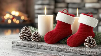 Cozy Christmas decor red stocking candle pinecone evergreen winter holiday warm rustic festive glow on wooden mantel with soft bokeh lights - Powered by Adobe