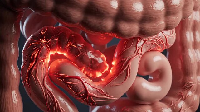 Inflamed Intestines and Digestive System with Red Hot Pain Points Medical Illustration of Human Gut Health Issues.