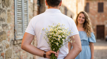 Romantic scene with man hiding daisy bouquet behind his back before gifting it to smiling girlfriend.