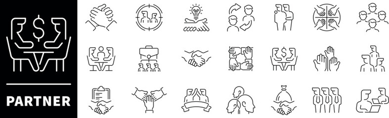 Partner vector icons. Thin line icons related to partner and Partnership. Partnership vector icons in line style
