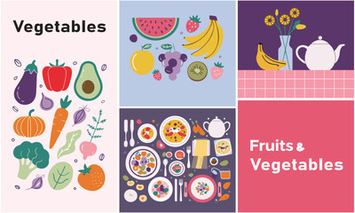 Colorful Fruits and Vegetables Illustration Set with Healthy Food, Fresh Produce, Meal Plates and Kitchen Table Elements