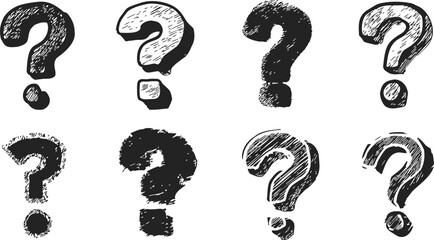 Question mark sketch hand drawn set, various grunge textured styles. Vector illustration