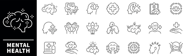 Mental health vector icons.Thin line icons related to mental health and wellness. Mental health vector icons in line style