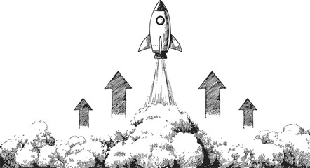 Rocket launch sketch with smoke clouds and upward arrows, hand drawn style. Vector illustration