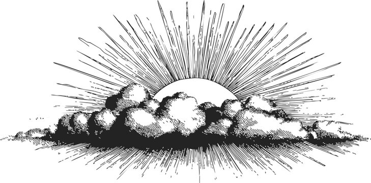 Sunrise with clouds sketch, hand drawn sun rays in vintage style. Vector illustration