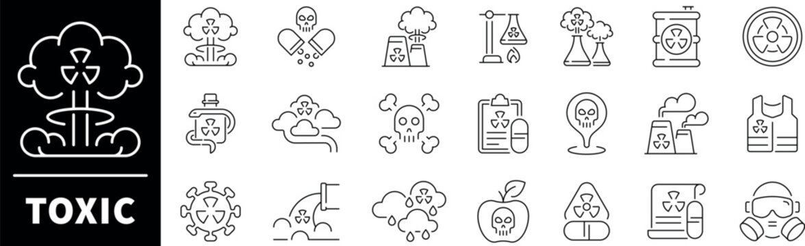Toxic vector icons.Thin line icons related to toxic and radioactive. Toxic vector icons in line style.