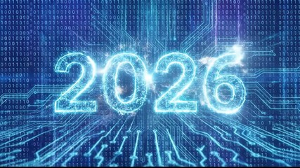 2026 glowing in blue digital numerals over an abstract tech background of binary streams and circuit board patterns, symbolizing data-driven innovation and connected progress - Powered by Adobe