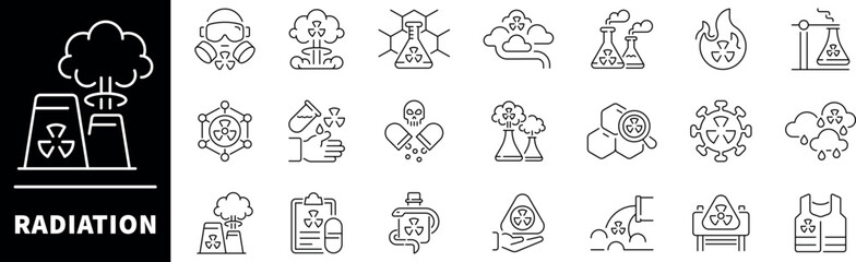 Radiation vector icons.Thin line icons related to radiation and radioactive. Radiation vector icons in line style.