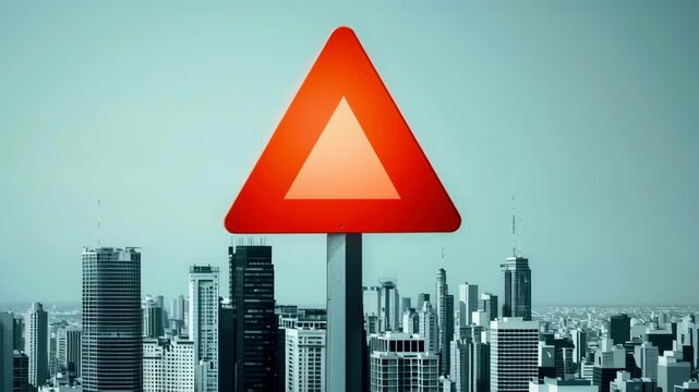 Warning triangle red sign urban skyline cityscape road safety traffic symbol modern city high rise minimal alert mood blue tone bold design
