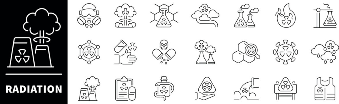 Radiation vector icons.Thin line icons related to radiation and radioactive. Radiation vector icons in line style.