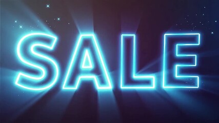 Glowing neon SALE text in electric blue and violet, rhythmic brightness pulses sending soft light rays outward, tiny drifting spark particles over a dark gradient background for a bold promo vibe. - Powered by Adobe