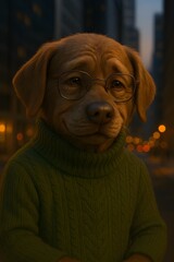 Cute 3D Dog Character in Green Sweater at Night City &ndash; Cozy Cinematic Portrait