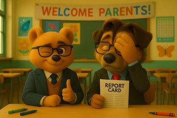 Cute Cartoon Animals at Parent&ndash;Teacher Meeting with Report Card &ndash; Funny Classroom Scene