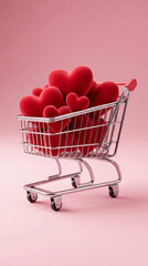 Romantic Valentine’s Day still life with red velvet hearts in a mini shopping cart on a pink background.