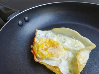 Close up of fried sunny side up egg on a round frying pan.