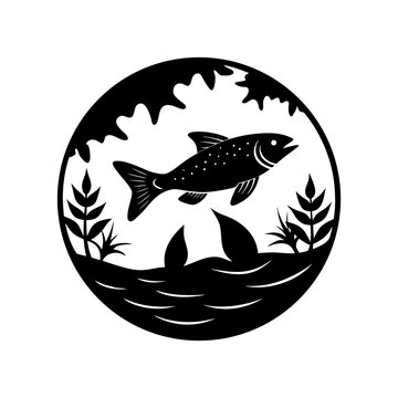 Silhouette of a leaping fish in a circular water scene with aquatic plants and waves