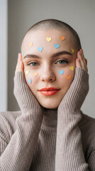 Empowering portrait of a confident young woman with a shaved head embracing self-love and authentic beauty.