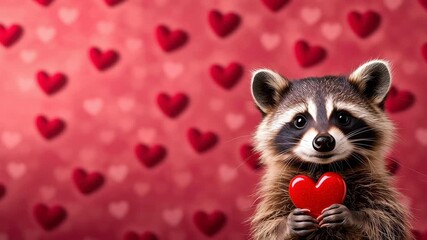 Cute raccoon red heart valentine love romance adorable animal wildlife furry cartoon style with soft bokeh hearts pink background, sweet mood