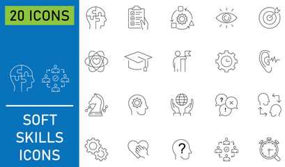 Collation of soft skills line icon set. Includes communication, emotional intelligence, teamwork, creativity and more. Soft skills concept outline icon on white background. Vector illustration. 