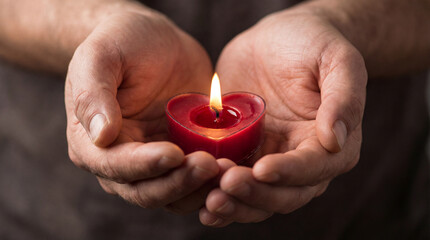 Close-up of caring hands gently holding a heart-shaped candle symbolizing warmth, love, and emotional connection.