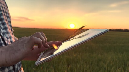 Hands of farmer man hold tablet, fingers tap on screen, typing texting messaging texting on business matters online. Man male farmer businessman hands palms using tablet for agricultural work purposes