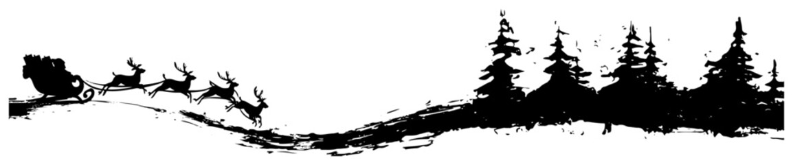 Santa Claus flying in sleigh with reindeer over winter pine forest grunge silhouette vector illustration sketch style