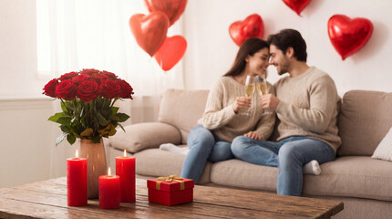 A couple celebrating an intimate valentine’s day moment at home surrounded by roses, candles, and heart balloons.