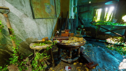 A once lived in room is now overtaken by greenery, with sunlight filtering through cracks. A wooden table is covered in dust and scattered objects, surrounded by vines and plants.