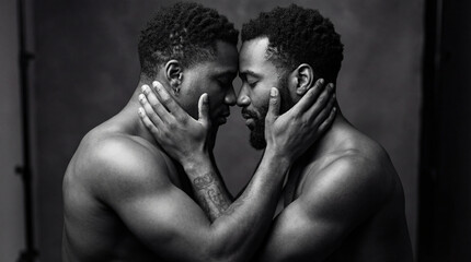 Intimate black-and-white portrait of two men sharing a loving connection.