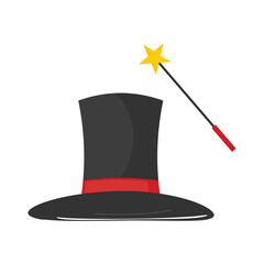 Magician&rsquo;s black hat with wand, vector, red stripe, yellow star tip, circus cartoon style, magic show prop