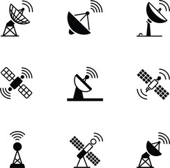 Satellite and communication cartoon vector set, signal icons, dishes, towers, orbiting satellites, flat illustration, side view, tech concept