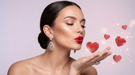Romantic beauty portrait of an elegant woman blowing red hearts with sparkling effects.