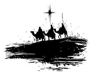 Hand drawn vector illustration of three wise men riding camels following the star of bethlehem in black silhouette grunge doodle style