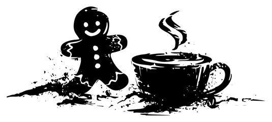 Gingerbread man cookie next to steaming hot cup of coffee or cocoa vector illustration sketch style
