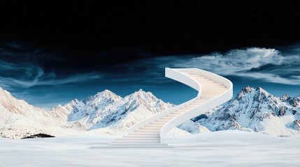 A surreal white staircase curves upwards through a vast, snow-covered mountain landscape under a dark, starry night sky with dramatic clouds.