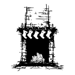 Cozy christmas fireplace with hanging stockings and firewood logs grunge black ink vector illustration