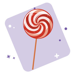 Red white swirled lollipop, cartoon style, candy vector, round sweet, children&rsquo;s dessert, cute confection illustration