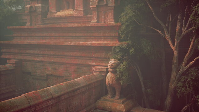 A statue of a person standing on a ledge next to a tree.