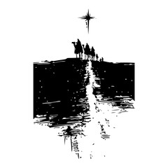 Hand drawn vector illustration of three wise men following the north star on a journey to bethlehem in black silhouette grunge doodle style