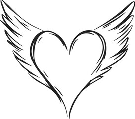 Obraz premium Heart with wings sketch, hand drawn vector, symmetrical feathered wings, minimal black line art. Vector illustration