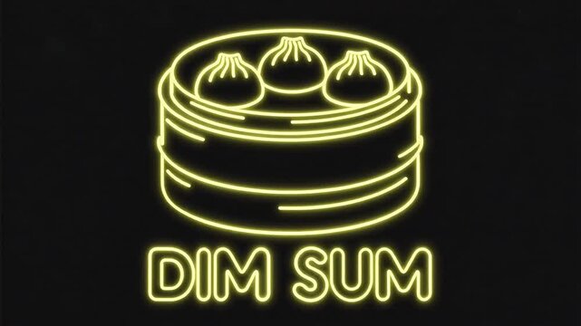 Neon dim sum basket icon with three dumplings in soft yellow glow, rounded DIM SUM text below, gentle breathing light and subtle flicker on a clean solid black background