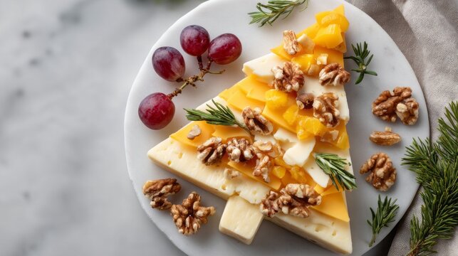A cheese and walnut tree is on a white plate. The tree is made of cheese and walnuts - Powered by Adobe