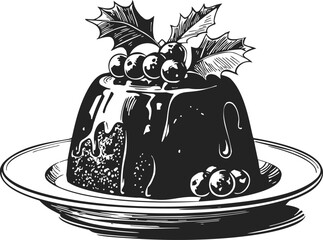 Christmas pudding sketch hand drawn with holly leaves and berries on plate. Vector illustration