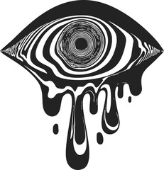 Melting eye sketch, hand drawn psychedelic surreal dripping eyeball with hypnotic lines. Vector illustration