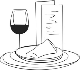 Restaurant table setting, hand drawn sketch with wine glass, plates, napkin, menu. Vector illustration