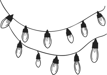 String lights sketch hand drawn festive bulbs hanging on wire. Vector illustration