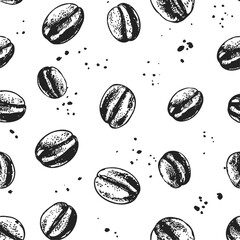 Coffee beans seamless pattern sketch hand drawn black and white style. Vector illustration